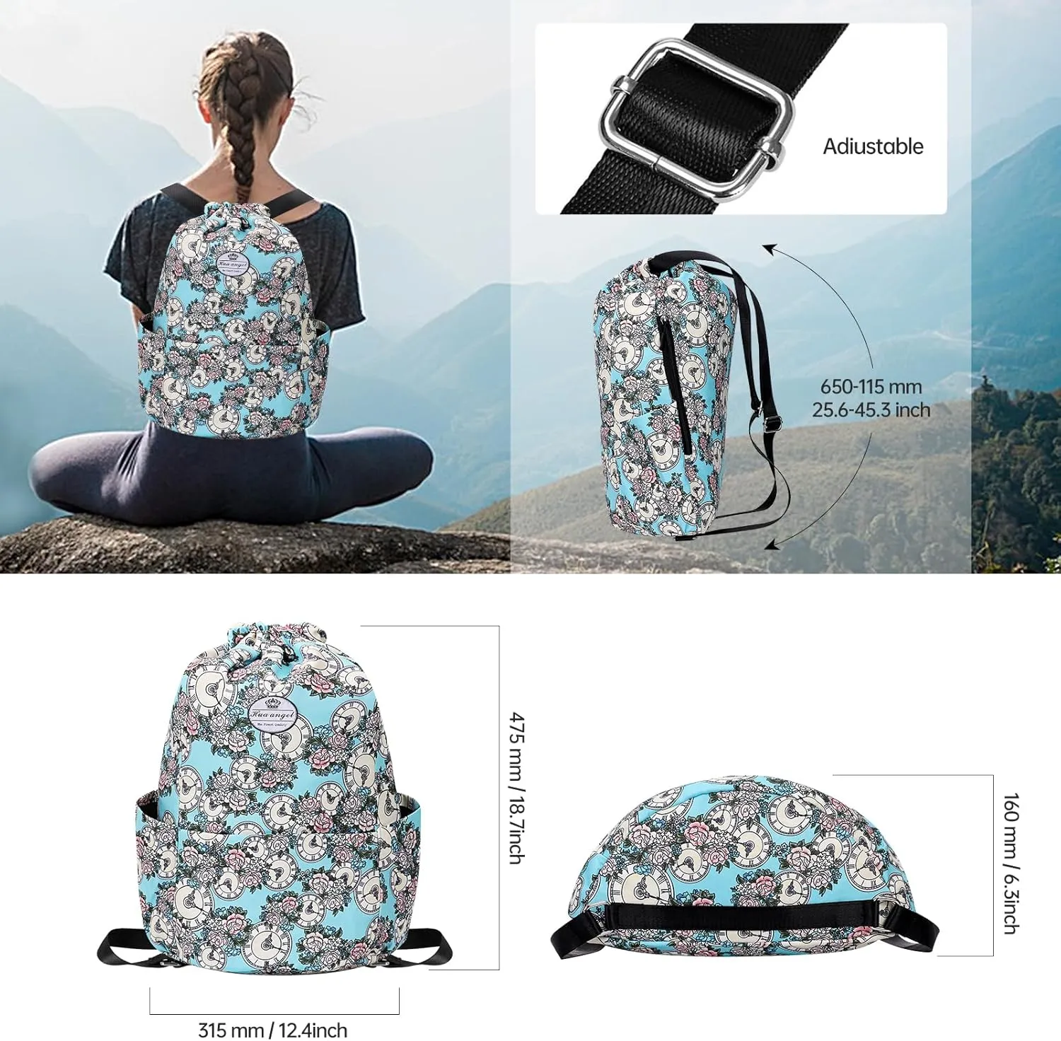 HUA ANGEL Floral Print Drawstring Bag - Lightweight Waterproof Cinch Sackpack with Side Pocket for Men & Women Travel Gym Bag