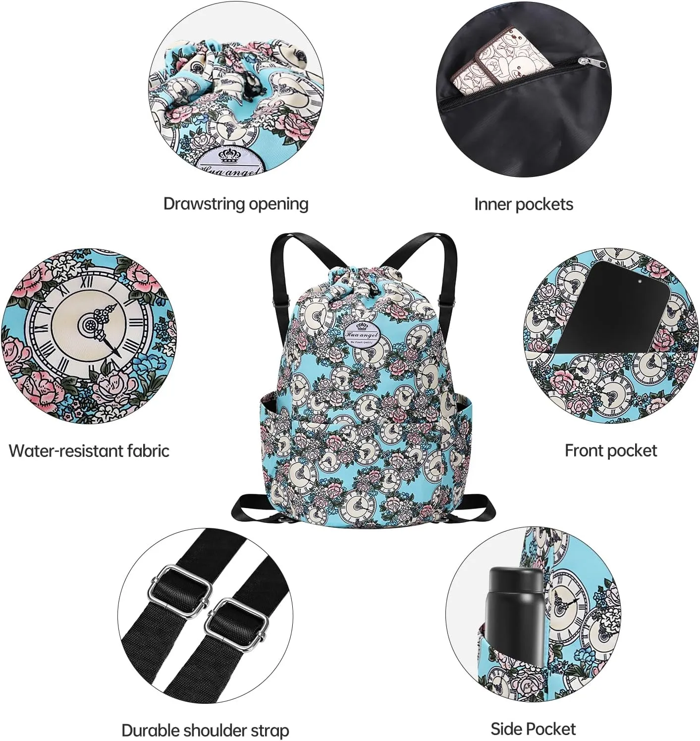 HUA ANGEL Floral Print Drawstring Bag - Lightweight Waterproof Cinch Sackpack with Side Pocket for Men & Women Travel Gym Bag