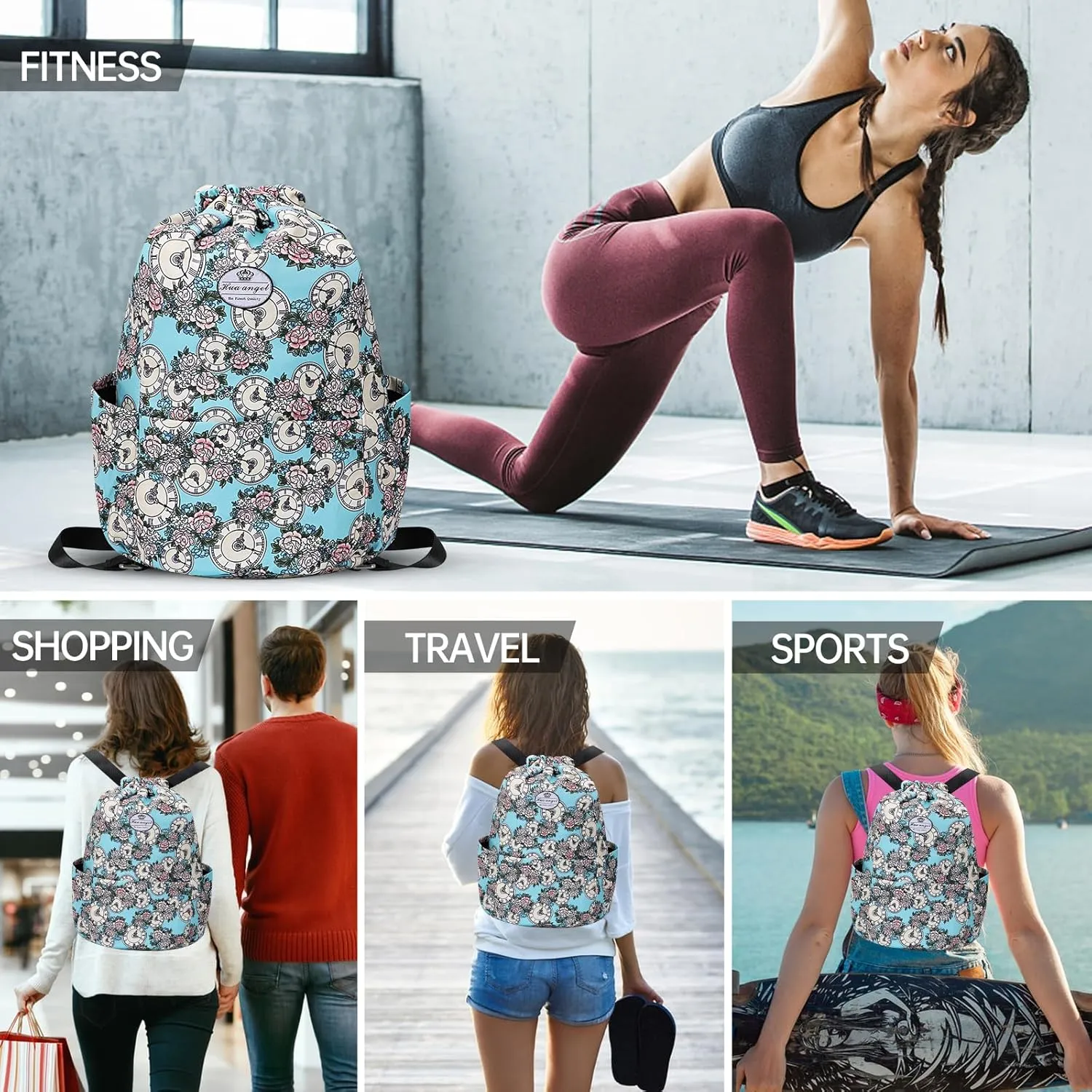HUA ANGEL Floral Print Drawstring Bag - Lightweight Waterproof Cinch Sackpack with Side Pocket for Men & Women Travel Gym Bag