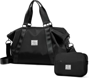 HYC00 Travel Duffel Bag,Sports Tote Gym/Shoulder Weekender Overnight Bag for Women with Wet Pocket & Laptop Pocket & Toiletry Bag,Black