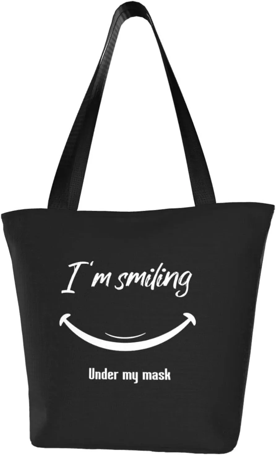 I'm Smiling Under This Mask Women'S Casual One Shoulder Carry Shopping Bag Large Capacity Working Storage Handbag