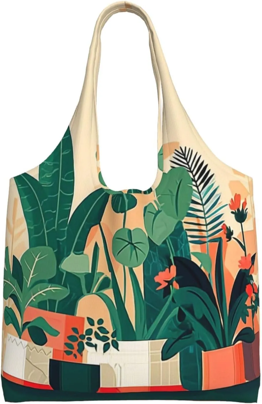 Indoor potted green plants Large capacity single-shoulder commuter canvas bag, suitable for shopping, travel, multi-purpose, light and not shoulder-squeezing