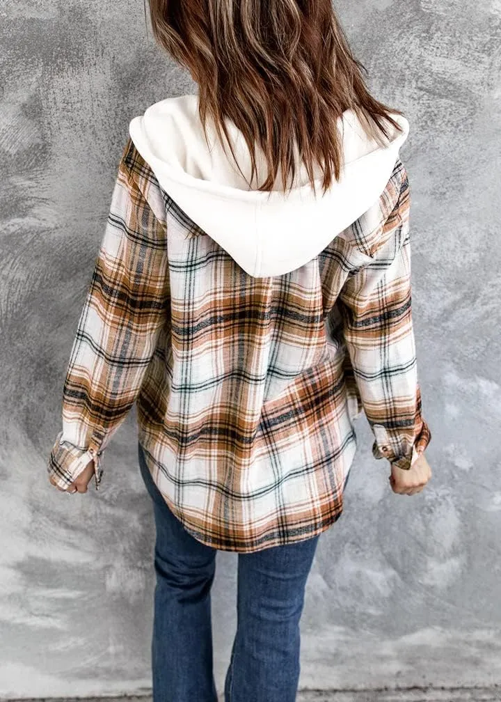 INFITTY Women's Buffalo Plaid Hoodie Long Sleeve Jacket Button Drawstring Casual Fall Shirts with Pocket