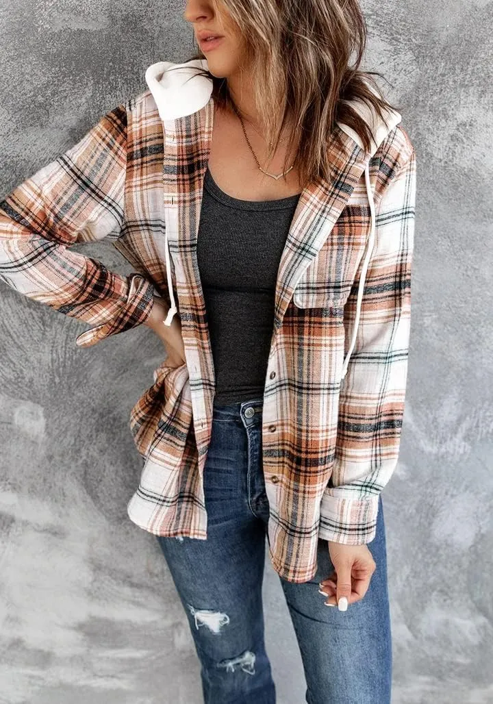 INFITTY Women's Buffalo Plaid Hoodie Long Sleeve Jacket Button Drawstring Casual Fall Shirts with Pocket