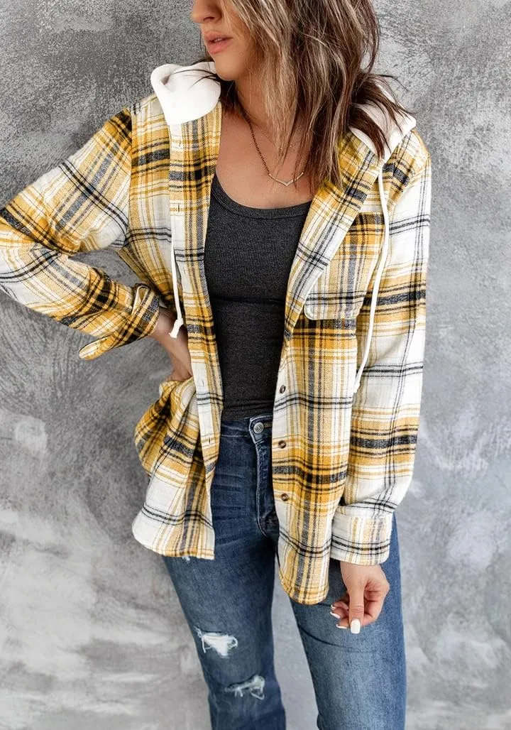 INFITTY Women's Buffalo Plaid Hoodie Long Sleeve Jacket Button Drawstring Casual Fall Shirts with Pocket