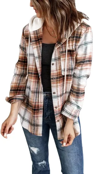 INFITTY Women's Buffalo Plaid Hoodie Long Sleeve Jacket Button Drawstring Casual Fall Shirts with Pocket
