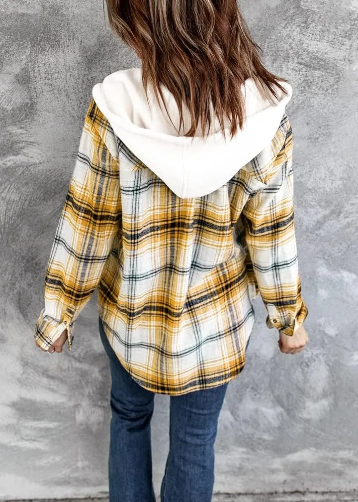 INFITTY Women's Buffalo Plaid Hoodie Long Sleeve Jacket Button Drawstring Casual Fall Shirts with Pocket