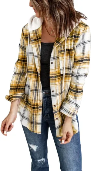 INFITTY Women's Buffalo Plaid Hoodie Long Sleeve Jacket Button Drawstring Casual Fall Shirts with Pocket