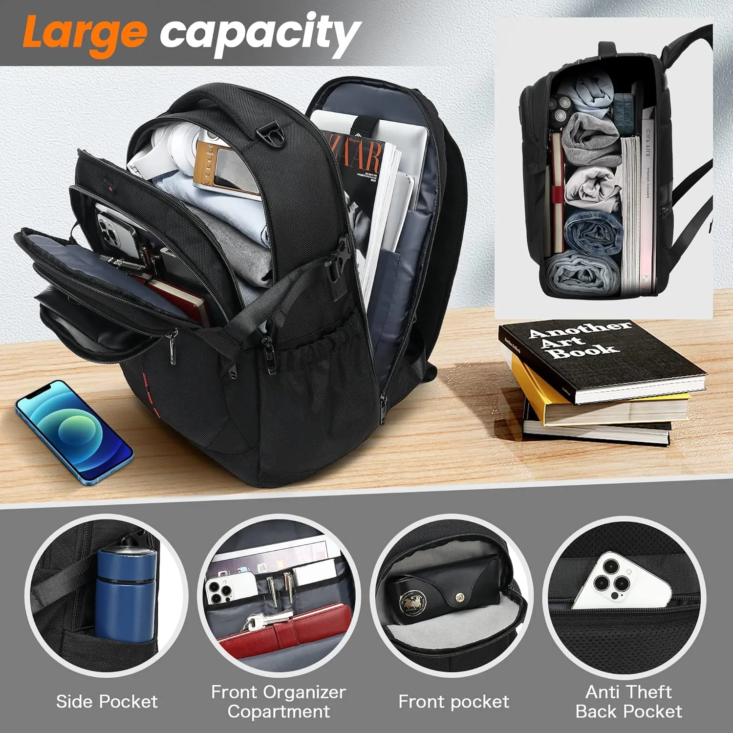 INSAVANT Laptop Backpack 15.6 Inch TSA Friendly Travel Backpacks Extra Large Durable College Travel Daypack Anti Theft with USB Charging Port Best Gift for Men Women (Black)