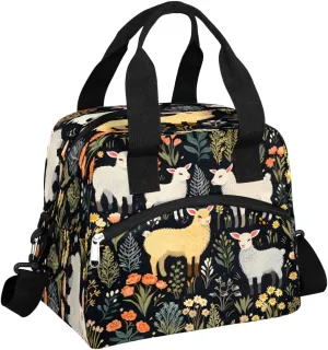 Insulated Lunch Bag Animal Goat Flower Lunch Box for Women Men Reusable Lunch Tote Bag with Adjustable Shoulder Belt Portable Lunchbox Cooler Bag Organizer for Office Work Picnic