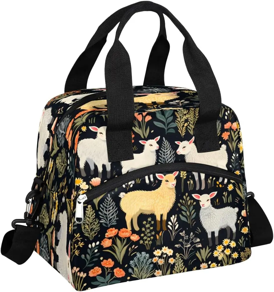 Insulated Lunch Bag Animal Goat Flower Lunch Box for Women Men Reusable Lunch Tote Bag with Adjustable Shoulder Belt Portable Lunchbox Cooler Bag Organizer for Office Work Picnic