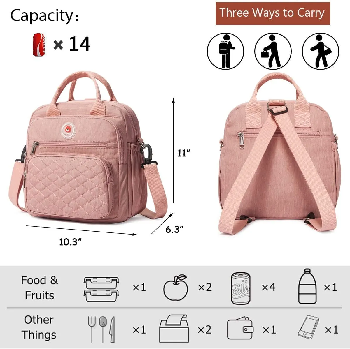Insulated Lunch Bag Backpack for Women/Men, 3 carrying way Lunch Tote, Large Waterproof Cooler Box with Side pockets for Adults, College, Work, Beach, Picnic, Pink