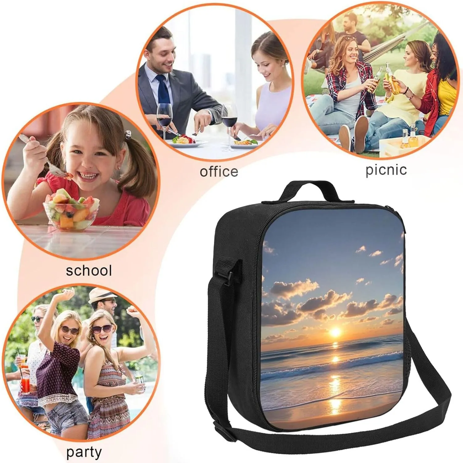 Insulated Lunch Bag Beach Sunrise Lunch Box for Women Men Reusable Lunch Tote Bag for Work Picnic Travel