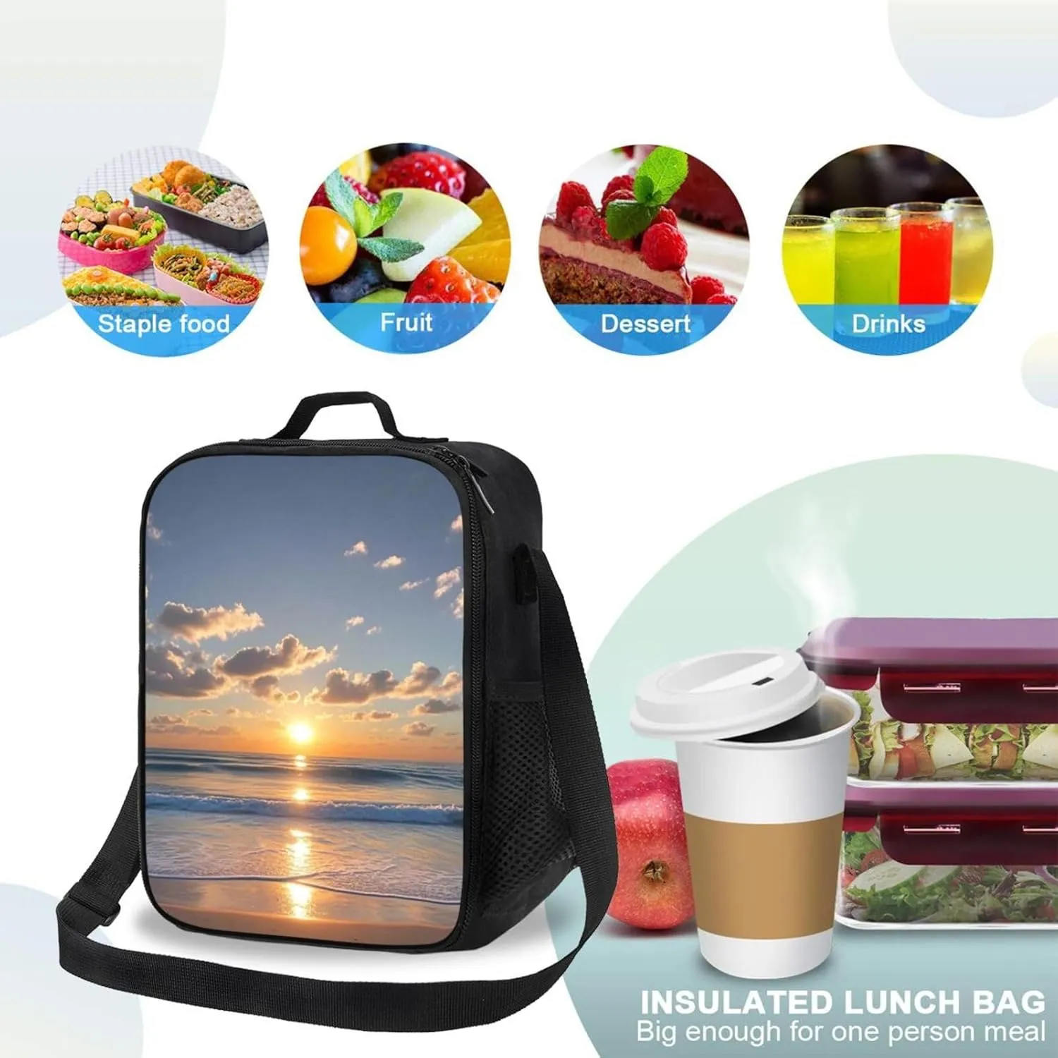 Insulated Lunch Bag Beach Sunrise Lunch Box for Women Men Reusable Lunch Tote Bag for Work Picnic Travel