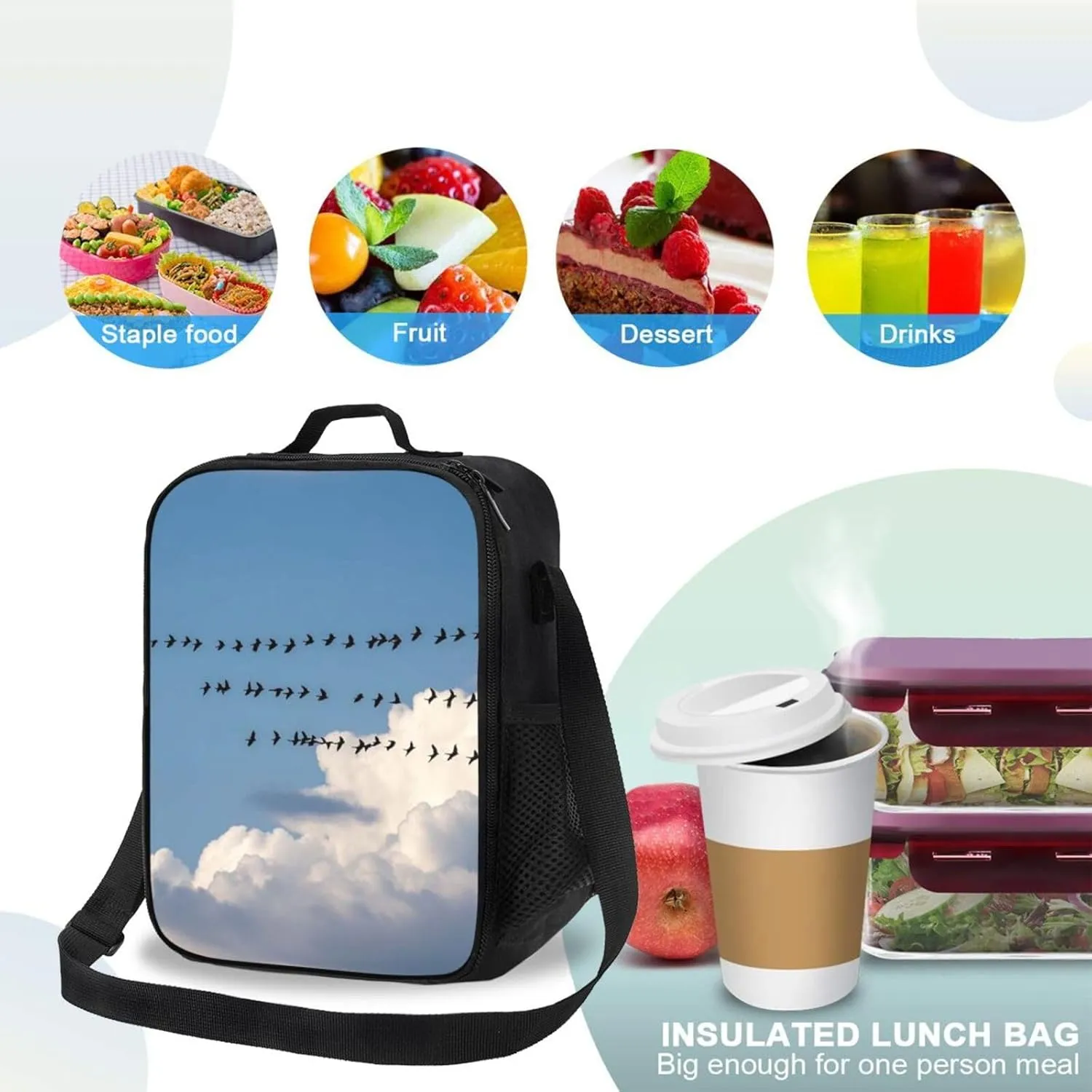 Insulated Lunch Bag Bird migration Lunch Box for Women Men Reusable Lunch Tote Bag for Work Picnic Travel