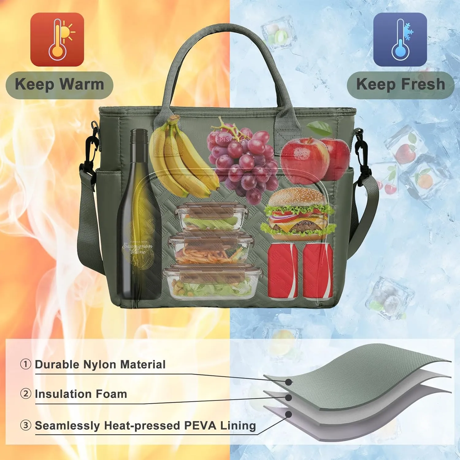 Insulated Lunch Bag for Men Women, Large Leakproof Cooler Bag with Removable Strap, Lunch Box, Reusable Adult Lunch Tote for Work, Picnic and Travel - Army Green