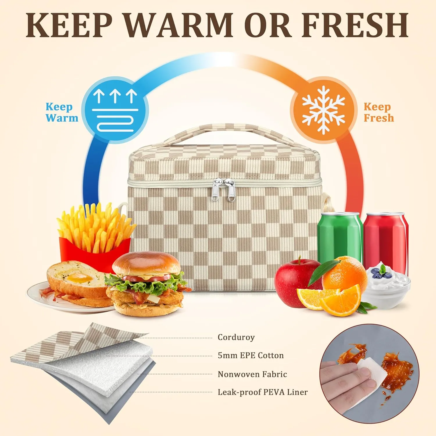 Insulated Lunch Bag for Women, Cute Corduroy Reusable Lunch Box for Adult, Leakproof Cooler Bag for Work Office Travel Picnic, Lunch Tote Bag with Adjustable Shoulder Strap (Checkered Khaki)