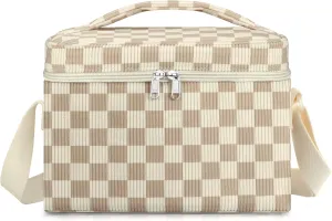 Insulated Lunch Bag for Women, Cute Corduroy Reusable Lunch Box for Adult, Leakproof Cooler Bag for Work Office Travel Picnic, Lunch Tote Bag with Adjustable Shoulder Strap (Checkered Khaki)