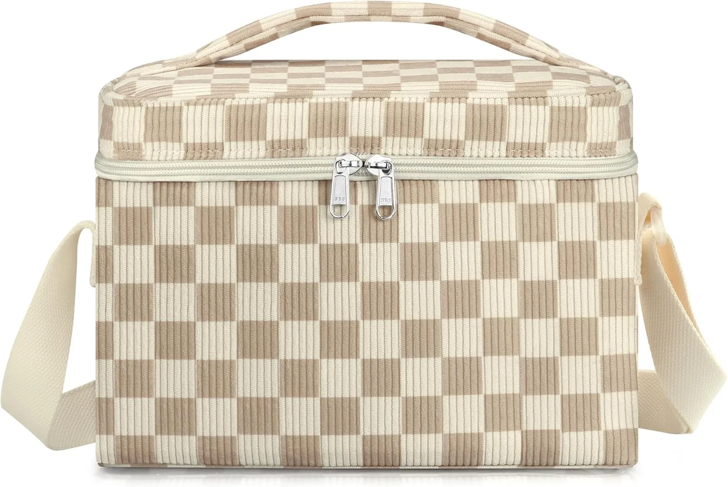 Insulated Lunch Bag for Women, Cute Corduroy Reusable Lunch Box for Adult, Leakproof Cooler Bag for Work Office Travel Picnic, Lunch Tote Bag with Adjustable Shoulder Strap (Checkered Khaki)