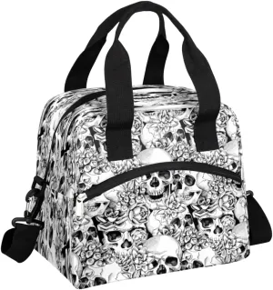 Insulated Lunch Bag for Women Men Black White Skull Flowers Gothic Design Lunch Box Reusable Lunch Cooler Bag Large Lunch Tote Bag for Work Picnic Travel School