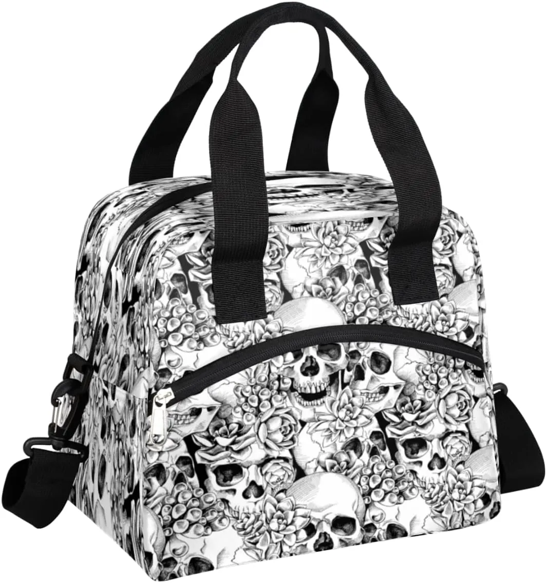 Insulated Lunch Bag for Women Men Black White Skull Flowers Gothic Design Lunch Box Reusable Lunch Cooler Bag Large Lunch Tote Bag for Work Picnic Travel School