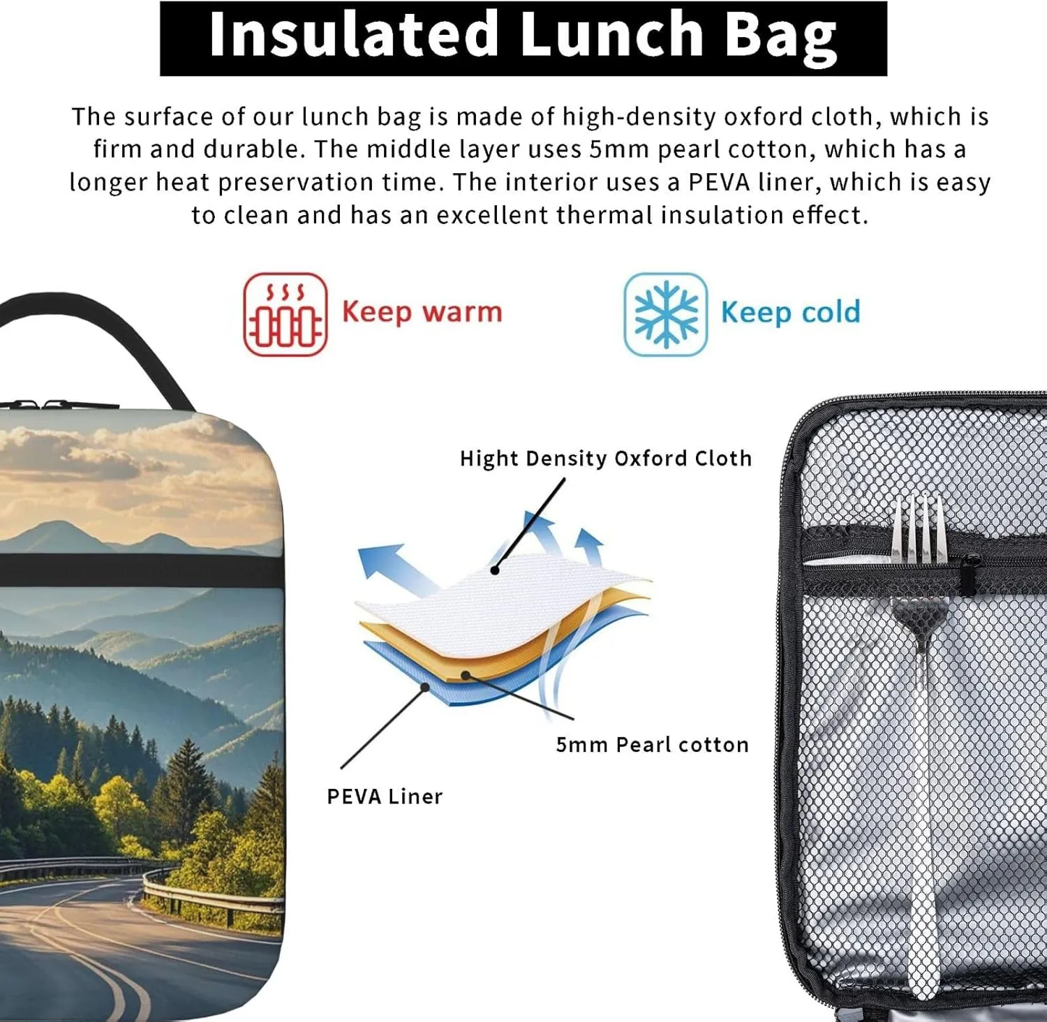 Insulated Lunch Bag for Women Men Blue Ridge Parkway Mountains Lunch Box Reusable Lunch Tote Bag for Work Picnic Travel