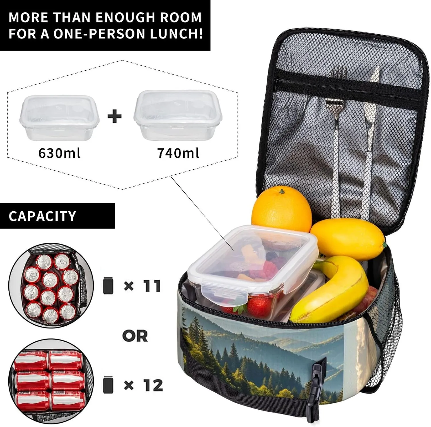 Insulated Lunch Bag for Women Men Blue Ridge Parkway Mountains Lunch Box Reusable Lunch Tote Bag for Work Picnic Travel