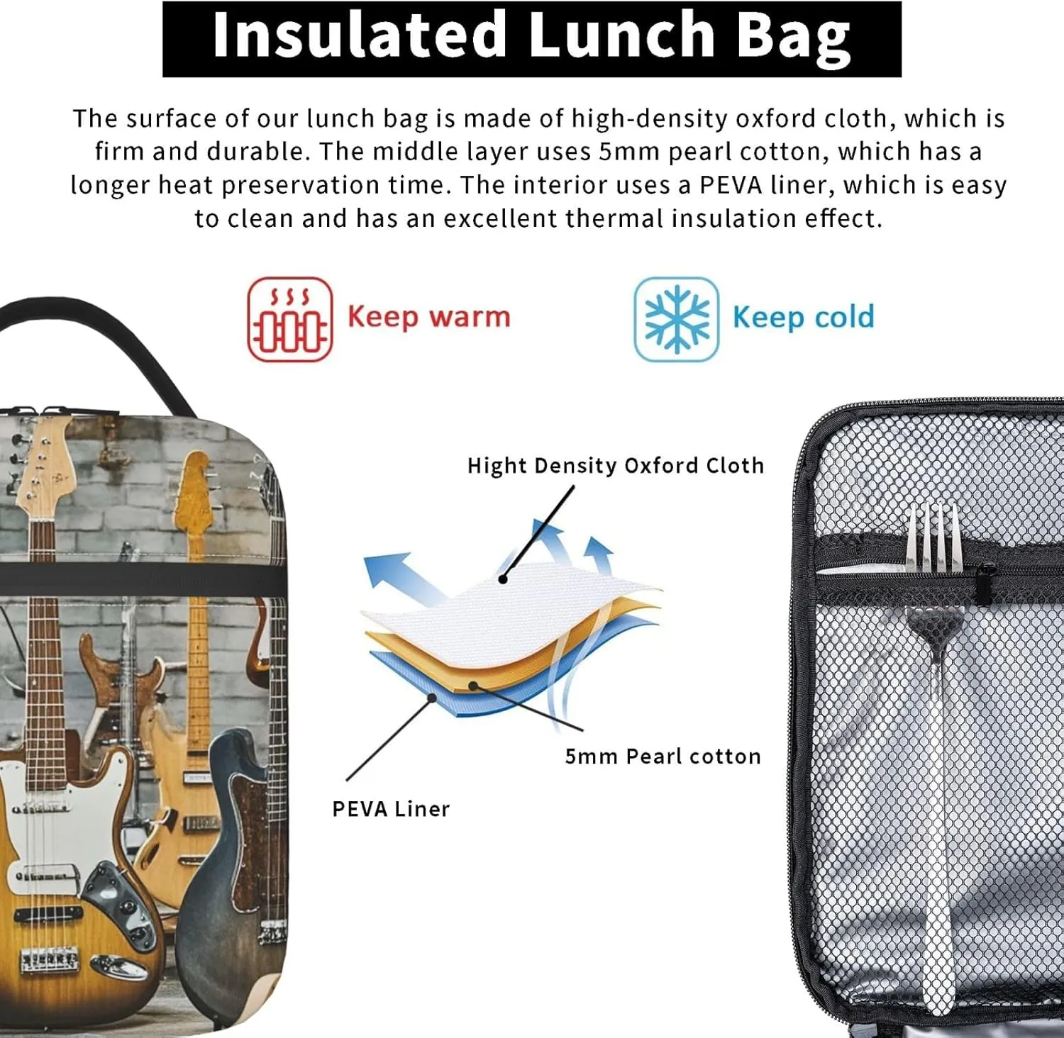 Insulated Lunch Bag for Women Men Portable Reusable Lunch Box Guitar Bass Music Musical Instrument Lunch Tote Bag for Work Picnic Travel