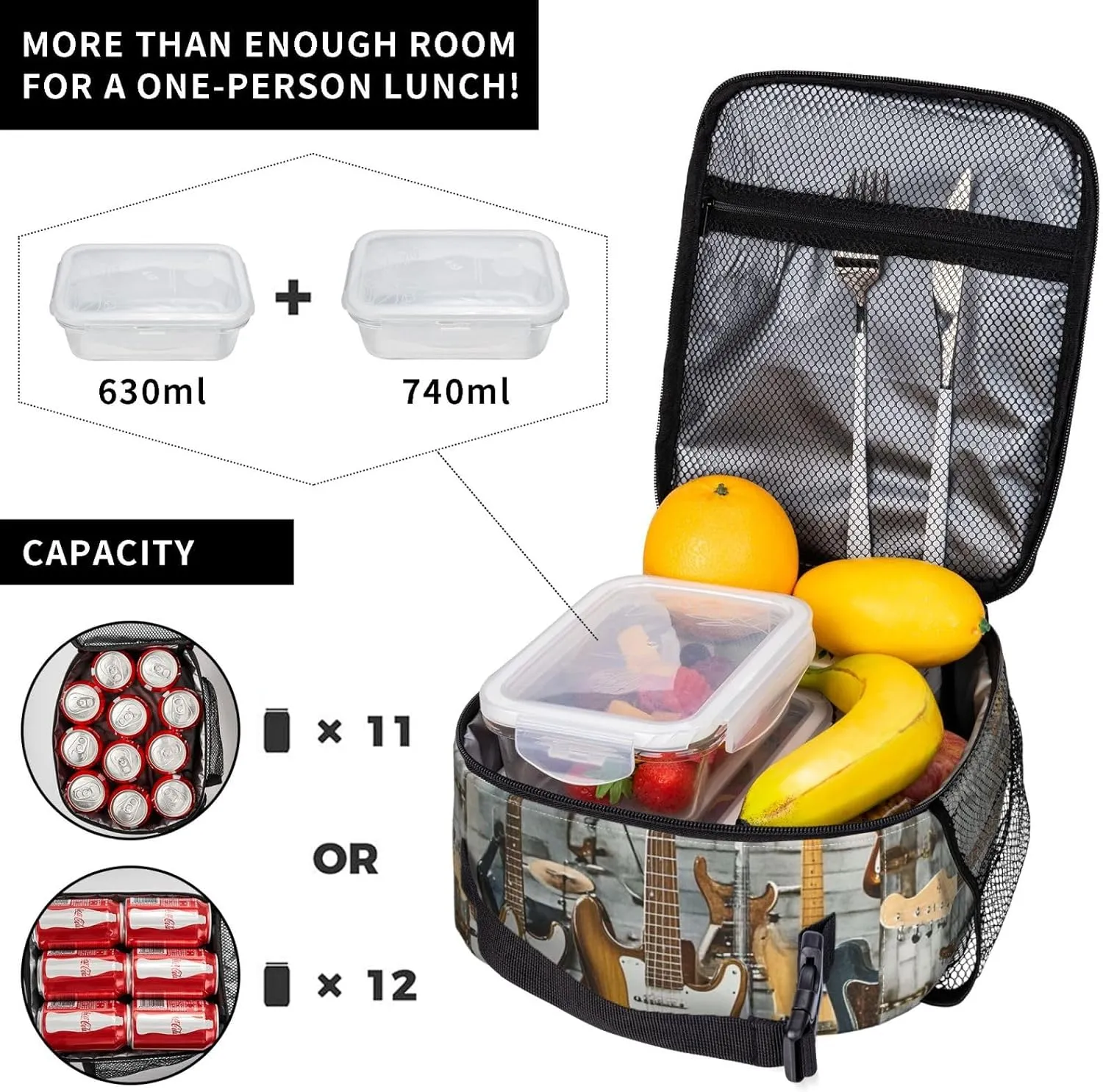 Insulated Lunch Bag for Women Men Portable Reusable Lunch Box Guitar Bass Music Musical Instrument Lunch Tote Bag for Work Picnic Travel