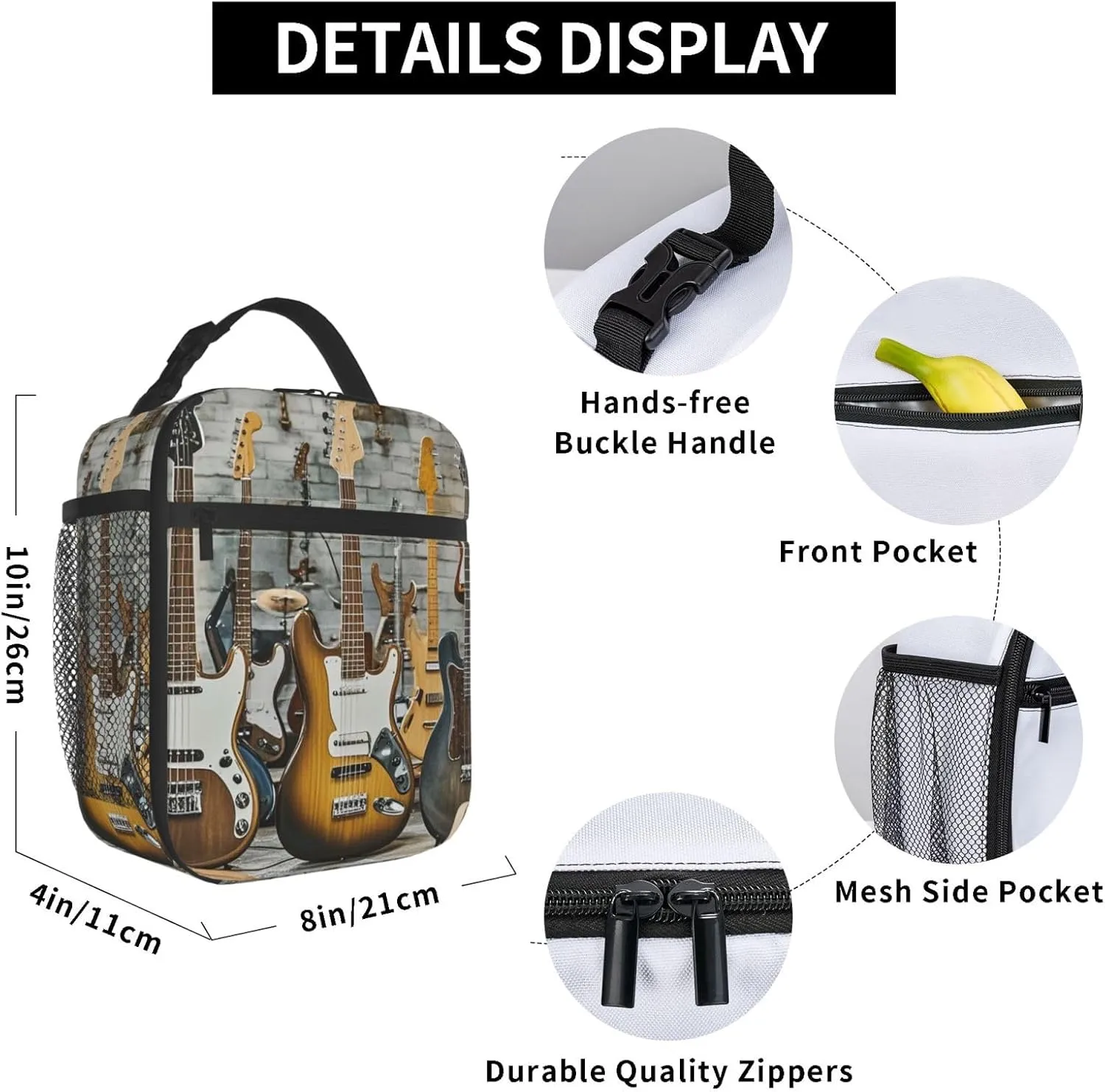 Insulated Lunch Bag for Women Men Portable Reusable Lunch Box Guitar Bass Music Musical Instrument Lunch Tote Bag for Work Picnic Travel