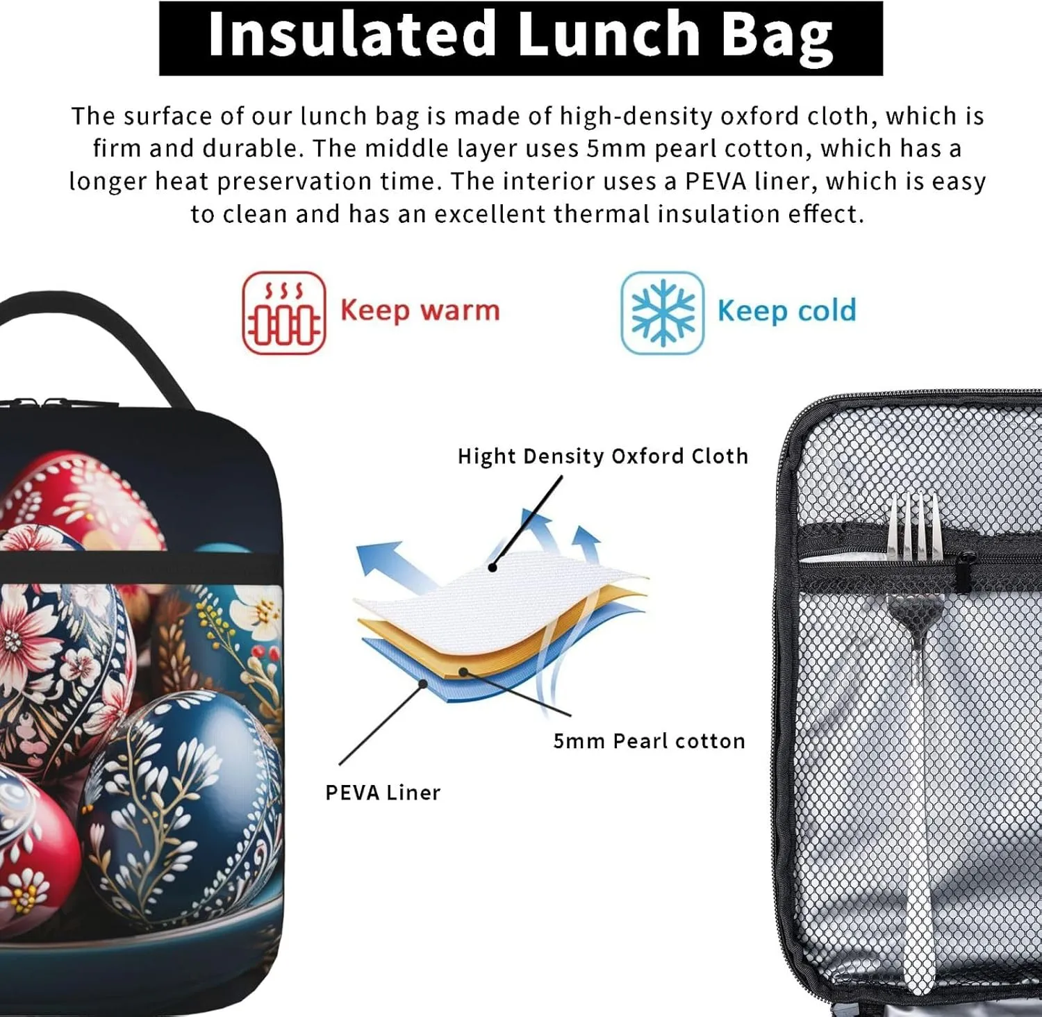 Insulated Lunch Bag for Women Men Portable Reusable Lunch Box Surrounded by Easter Eggs Lunch Tote Bag for Work Picnic Travel