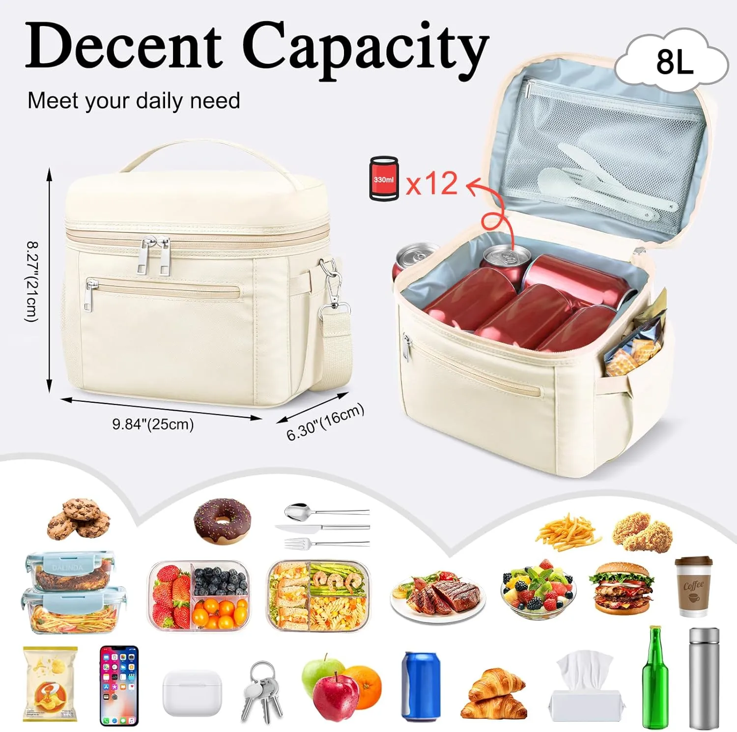 Insulated Lunch Bag for Women Men,Reusable Lunch Box Leak-Proof Cooler Tote Bag Water-Resistant LunchBags for Adults Work, Picnic, Travel(Cream,Beige)