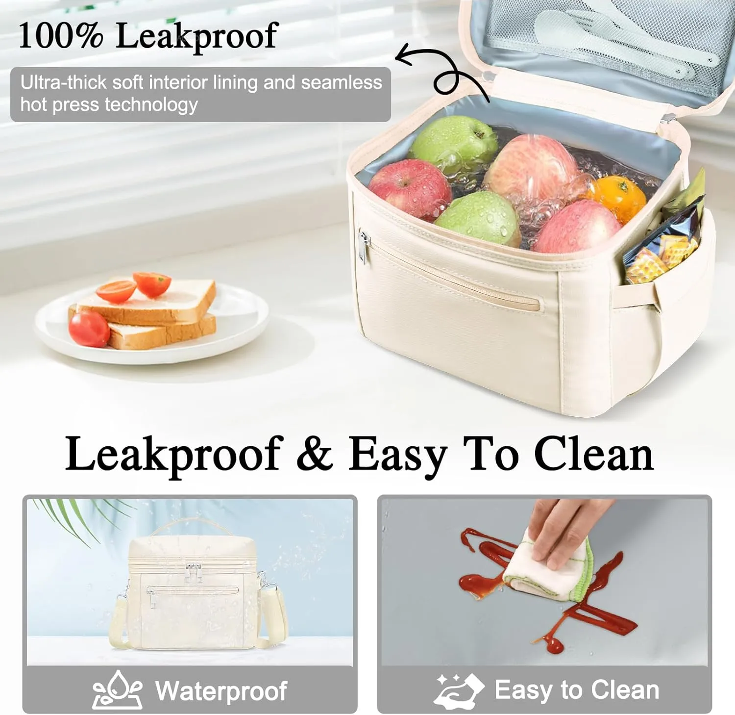 Insulated Lunch Bag for Women Men,Reusable Lunch Box Leak-Proof Cooler Tote Bag Water-Resistant LunchBags for Adults Work, Picnic, Travel(Cream,Beige)