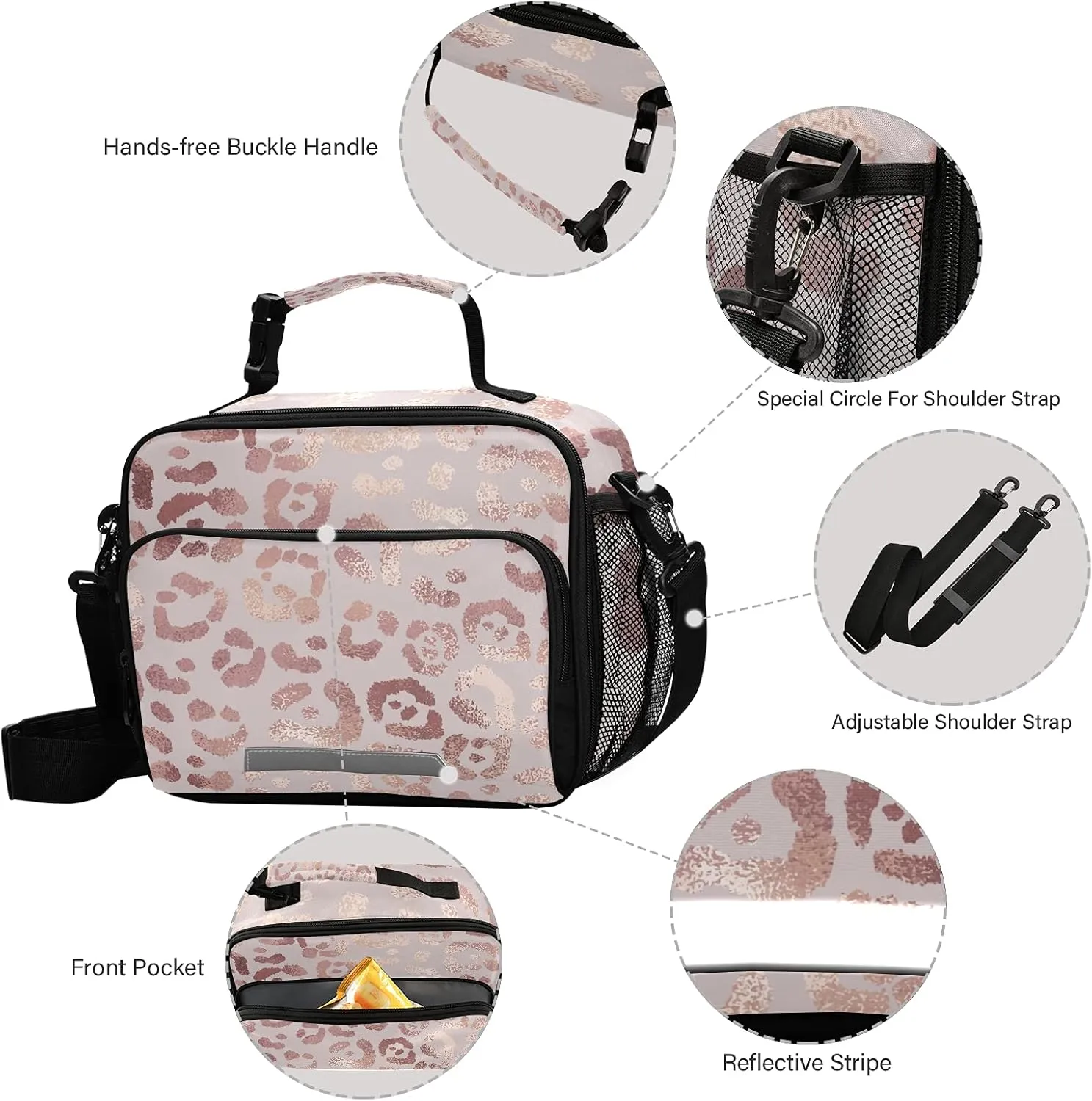 Insulated Lunch Bag for Women/Men Rose Gold Leopard Reusable Lunch Box for Office Work School Picnic Beach - Leakproof Cooler Tote Bag Freezable Lunch Bag