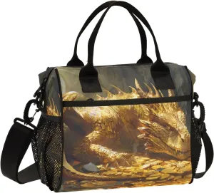 Insulated Lunch Bag Greedy Golden Dragon Lying on Coins Cooler Tote Bag for Work Picnic or Travel