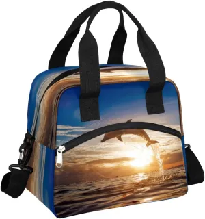 Insulated Lunch Bag Sunrise Dolphin Sea Lunch Box for Women Men Reusable Lunch Tote Bag with Adjustable Shoulder Belt Portable Lunchbox Cooler Bag Organizer for Office Work Picnic