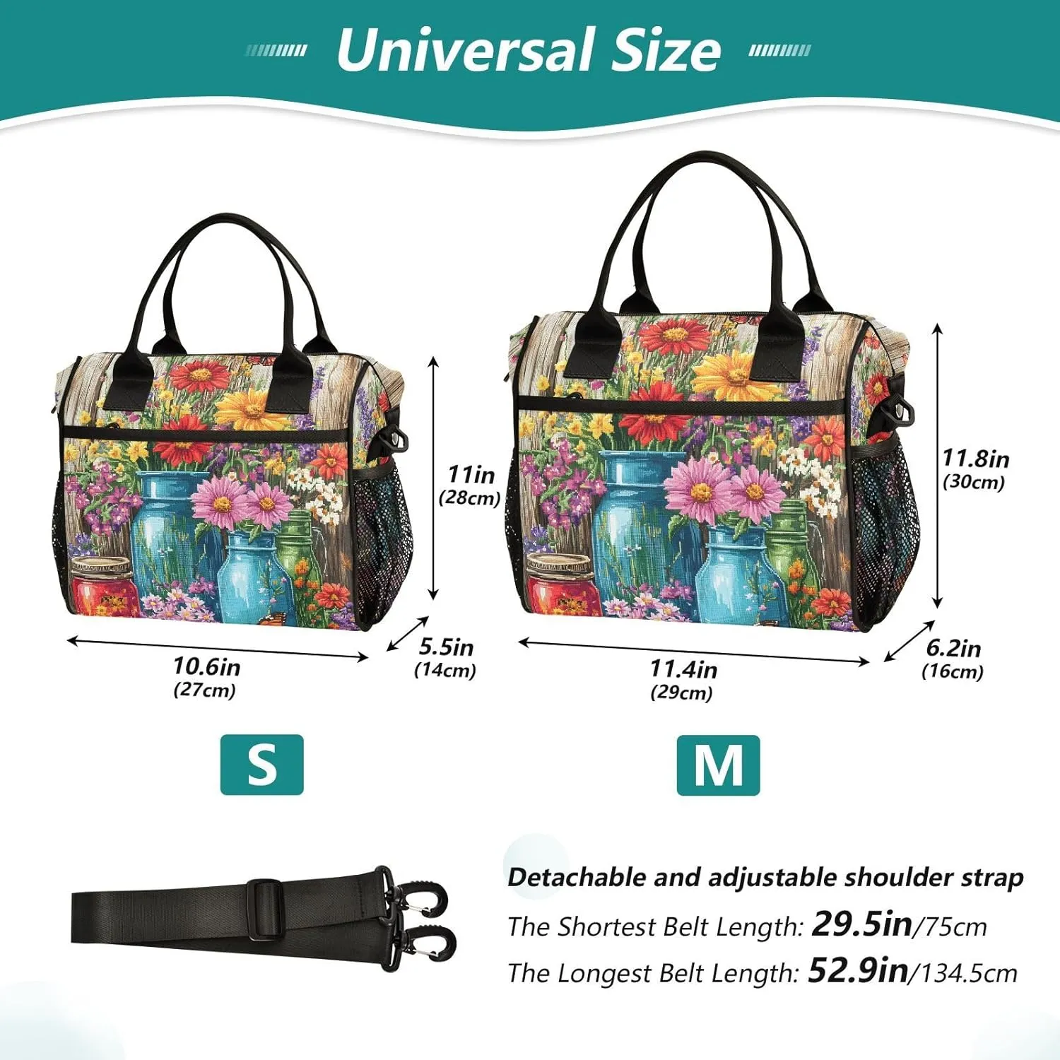 Insulated Lunch Bag with Detachable Shoulder Strap Mason Jar Bouquet Flower Large Cooler Tote Bag for Beach Picnic Work Camping 12L