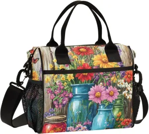 Insulated Lunch Bag with Detachable Shoulder Strap Mason Jar Bouquet Flower Large Cooler Tote Bag for Beach Picnic Work Camping 12L