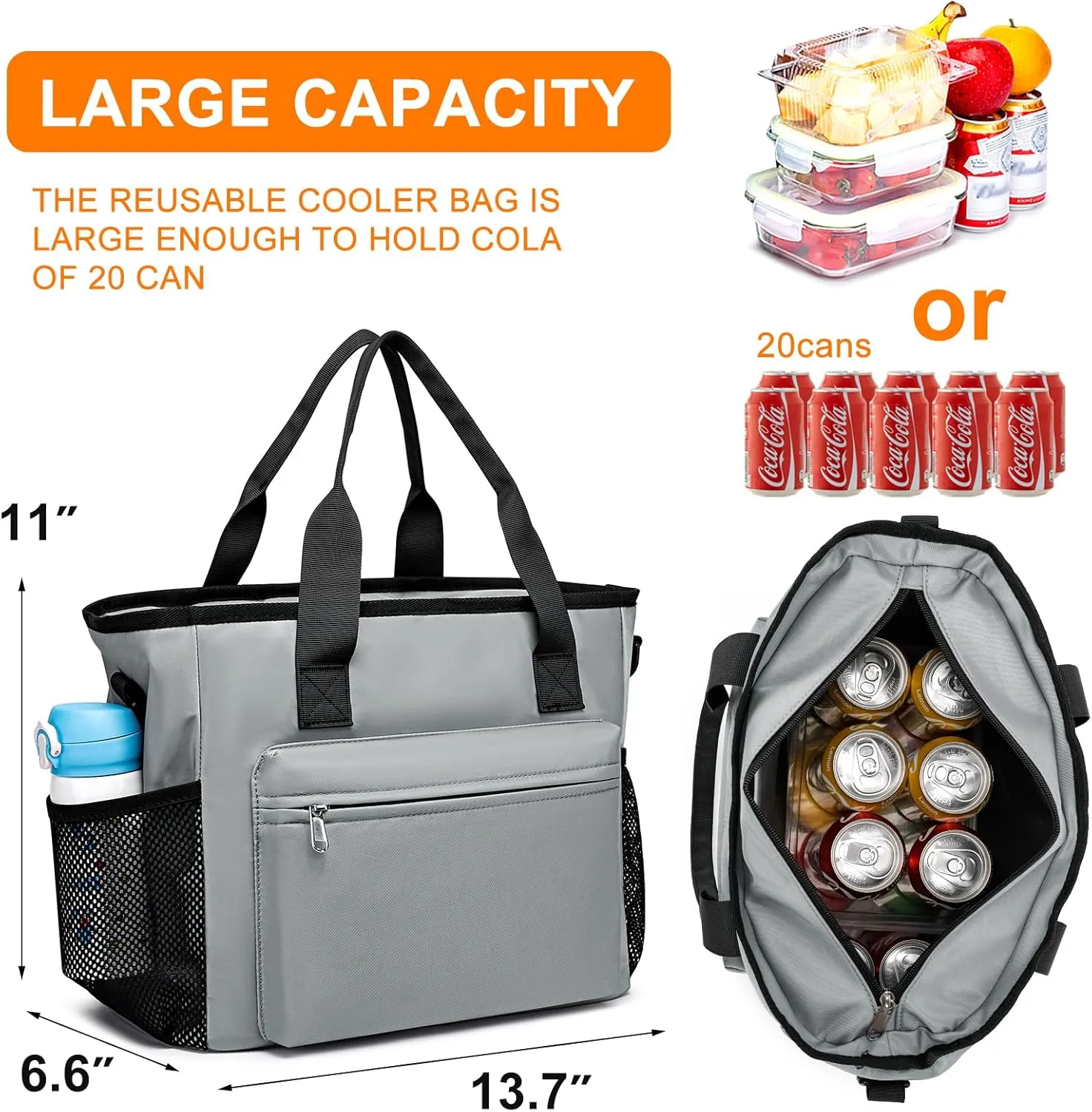 Insulated Lunch Box for Women Men Adults,Adjustable Shoulder Strap Reusable Lunch Bag for Office Work Picnic Camping Beach Outdoor Large Lunch Bag-Grey