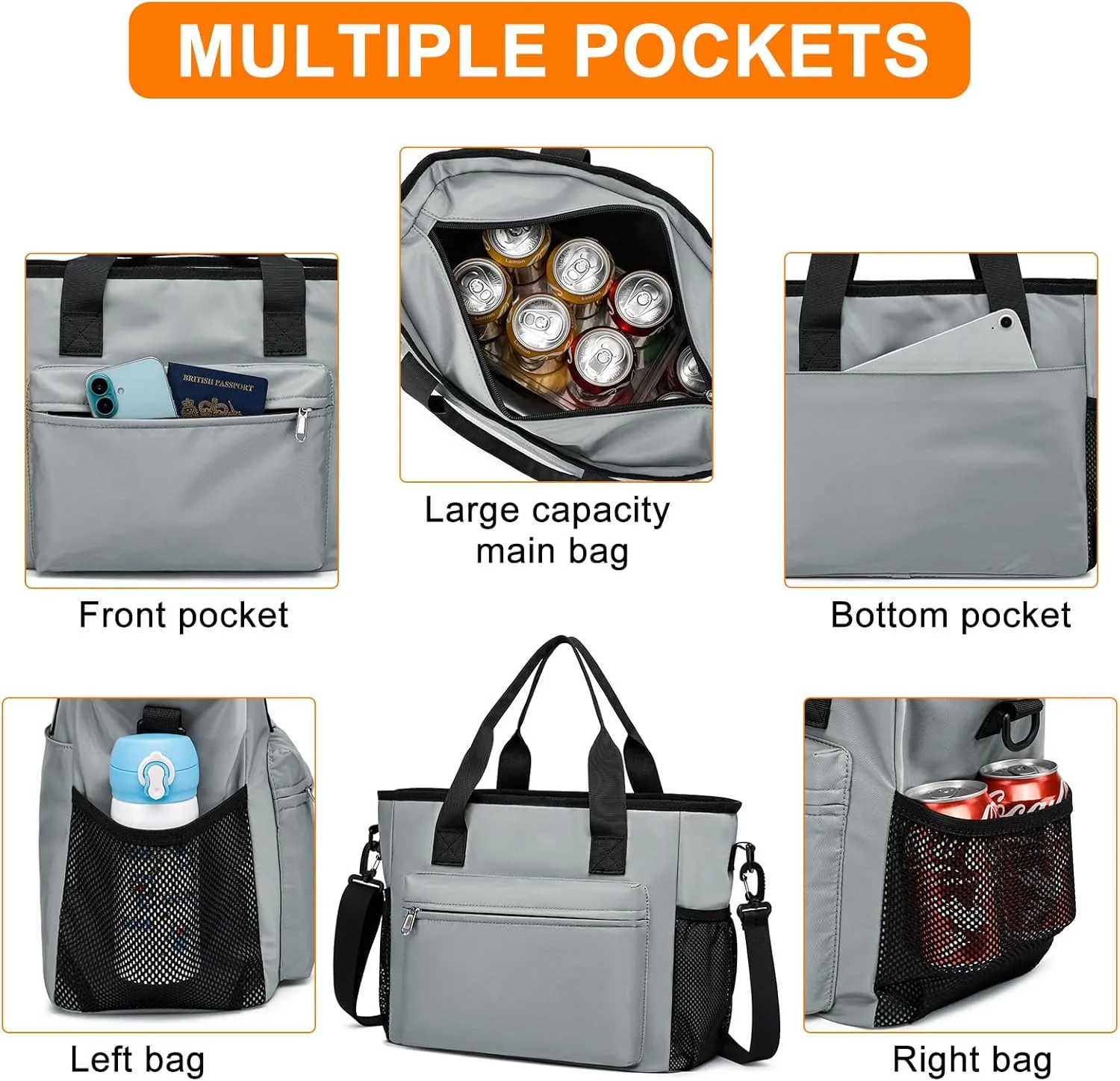 Insulated Lunch Box for Women Men Adults,Adjustable Shoulder Strap Reusable Lunch Bag for Office Work Picnic Camping Beach Outdoor Large Lunch Bag-Grey
