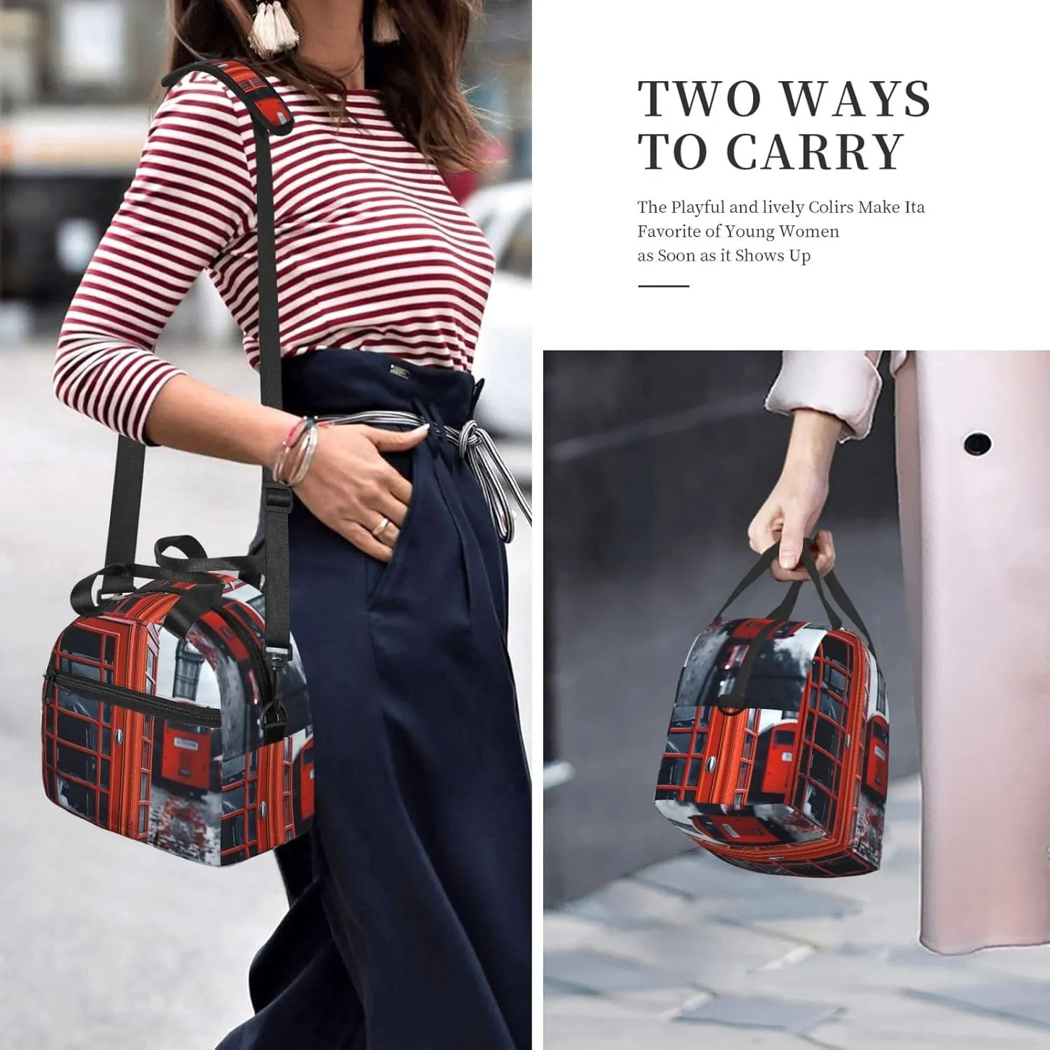 Insulated Lunchbox Reusable Cooler Bag England UK Retro London Telephone Lunch Bag Portable Lunch Tote Bag for Work Picnic