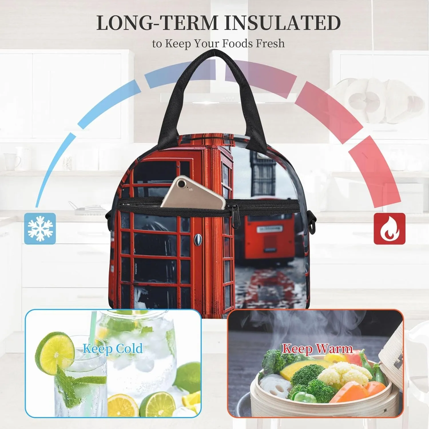 Insulated Lunchbox Reusable Cooler Bag England UK Retro London Telephone Lunch Bag Portable Lunch Tote Bag for Work Picnic