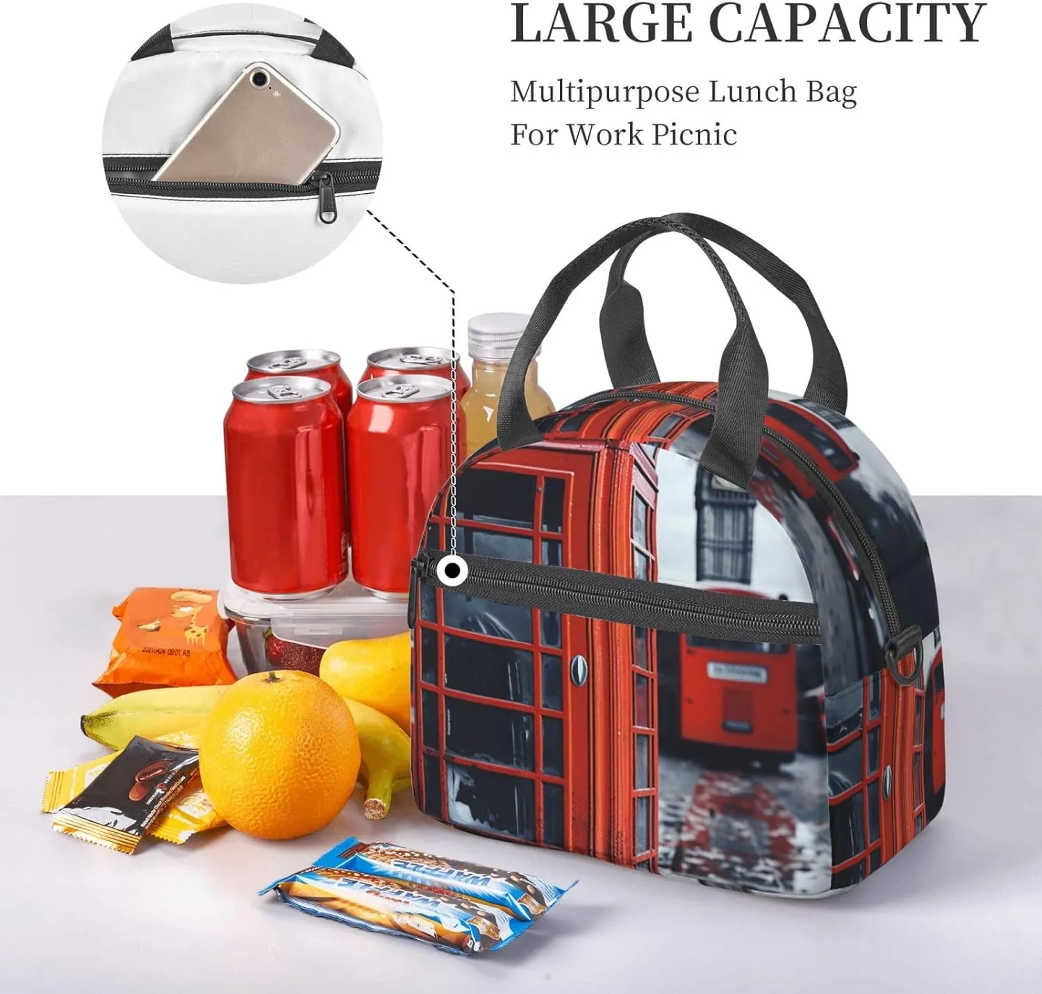 Insulated Lunchbox Reusable Cooler Bag England UK Retro London Telephone Lunch Bag Portable Lunch Tote Bag for Work Picnic