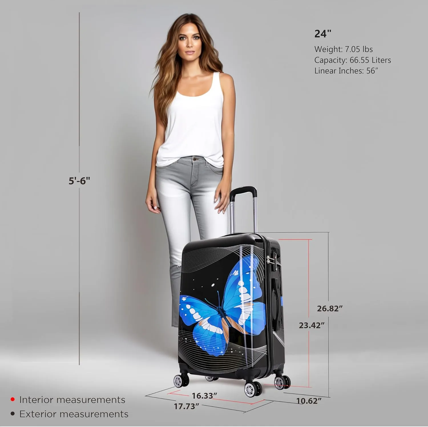 InUSA Black Butterfly Print Luggage with Spinner Wheels | Durable Lightweight Hardside Suitcase | Travel Bag with Handle and Trolley | 24-Inch Medium Checked luggage