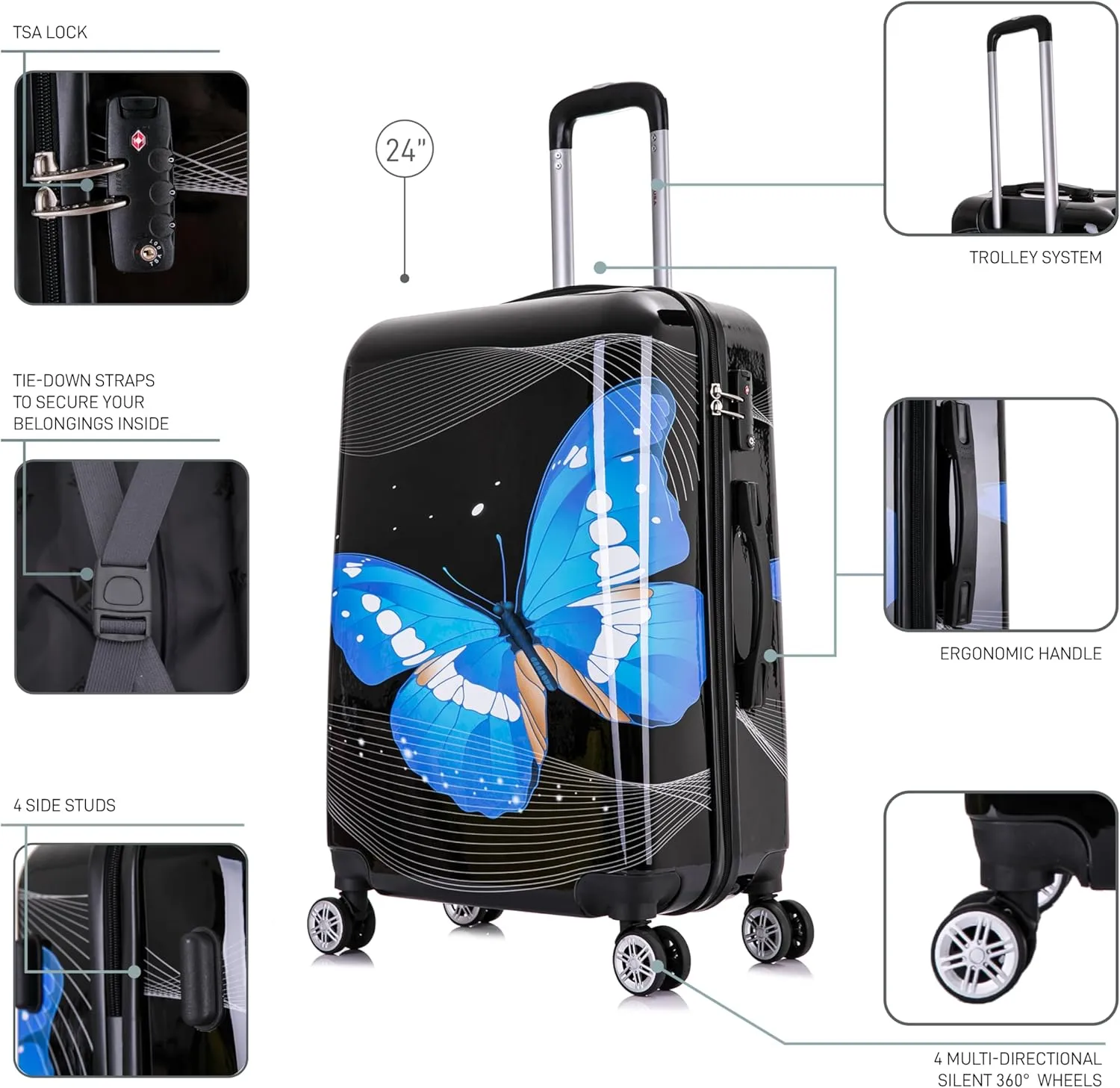InUSA Black Butterfly Print Luggage with Spinner Wheels | Durable Lightweight Hardside Suitcase | Travel Bag with Handle and Trolley | 24-Inch Medium Checked luggage