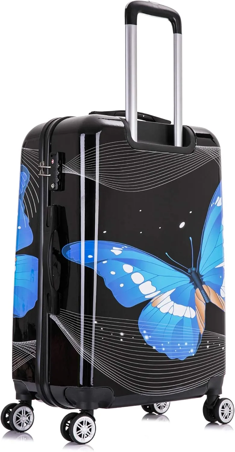 InUSA Black Butterfly Print Luggage with Spinner Wheels | Durable Lightweight Hardside Suitcase | Travel Bag with Handle and Trolley | 24-Inch Medium Checked luggage