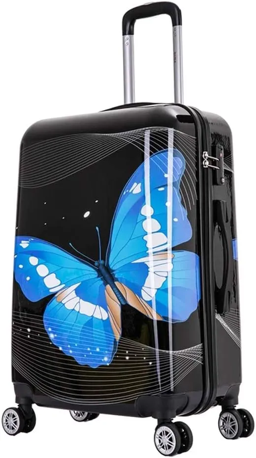 InUSA Black Butterfly Print Luggage with Spinner Wheels | Durable Lightweight Hardside Suitcase | Travel Bag with Handle and Trolley | 24-Inch Medium Checked luggage