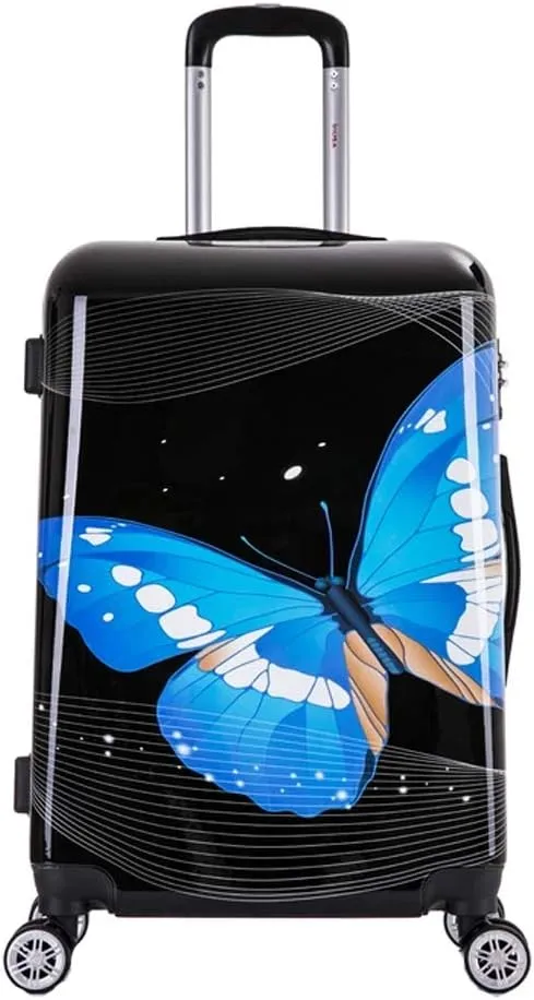 InUSA Black Butterfly Print Luggage with Spinner Wheels | Durable Lightweight Hardside Suitcase | Travel Bag with Handle and Trolley | 24-Inch Medium Checked luggage