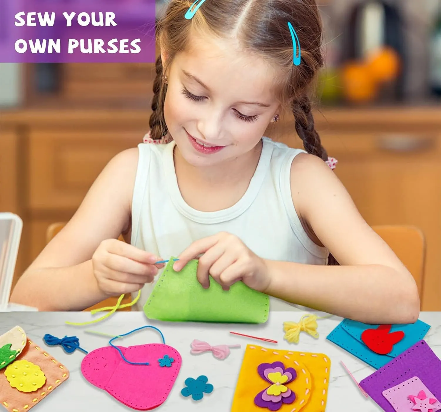 IROLEHOME 6 Pcs Soft Felt Sewing Kit for Kids Ages 4-8, Purses DIY Arts & Craft Kit for Beginners, Sew Your Own Handbag Projects Gifts for Girls Boys