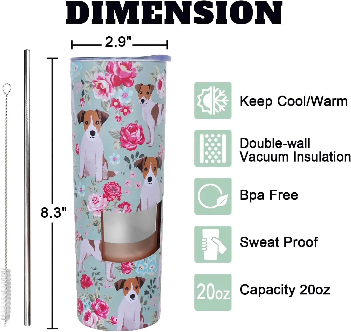 Jack Russell Terrier Gifts for Women Cute Dog Tumbler Coffee Cup for Women Jack Russell Terrier Travel Mug 20 Oz Stainless Steel Insulated Water Bottle With Lid and Straw